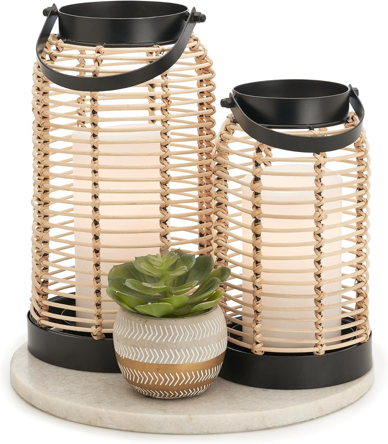 Natural Rattan Boho Lanterns – Handcrafted Chic Decor to Enhance Your Home – Modern Farmhouse Beauty Perfect for Any Living Room, Patio & Porch, Indoor and Outdoor Coffee Table or Kitchen Dining Table