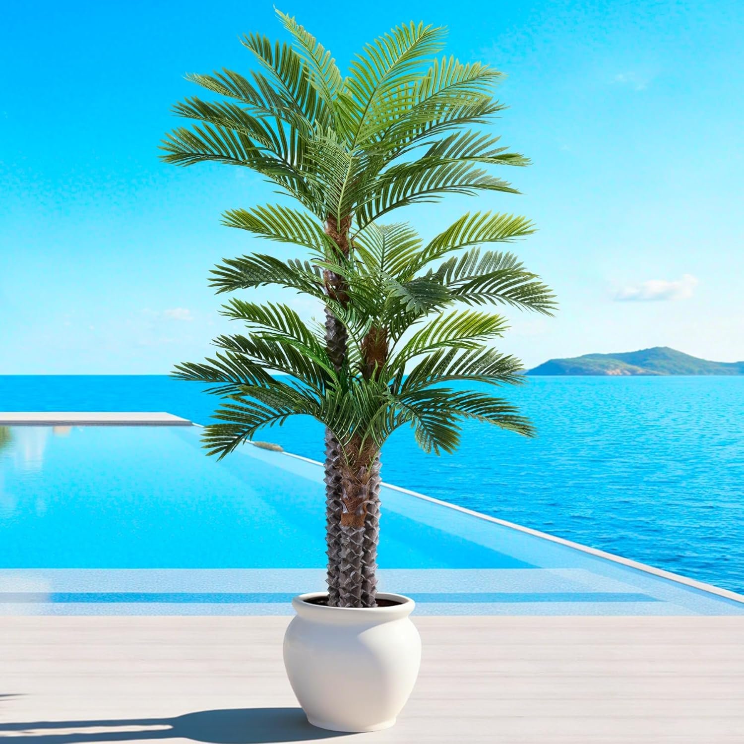 FloraFairy 8.5ft Artificial Triple Phoenix Palm Tree Outdoor UV Resistant Large Fake Silk Palm Tree for Patio Poolside Home Indoor Aesthetic Decor Fake Coconut Palm