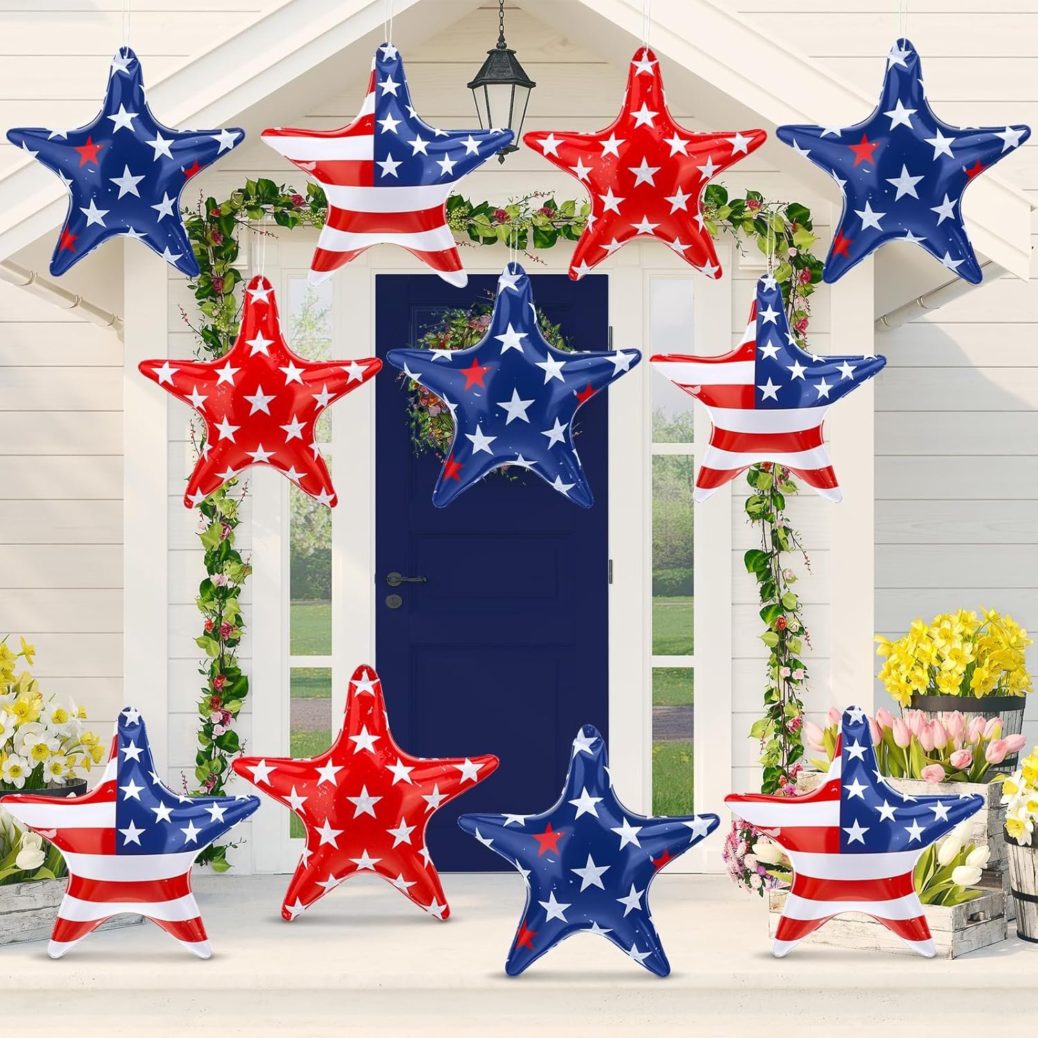 Maitys 12 Pieces 4th of July Inflatables Outdoor Decorations 250th Anniversary Inflatable Stars Patriotic American Flag Stars Blow up Home Garden Decor for Yard Lawn Memorial Day Party, 9 Inch