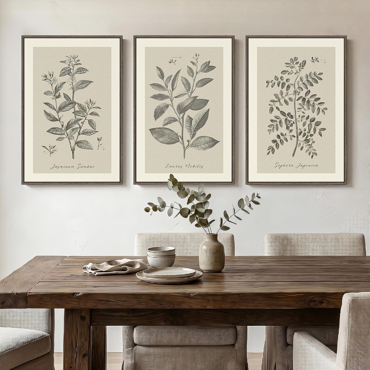 Framed Vintage Botanical Wall Art for Dining Room, 3 Piece Neutral Floral Plants Canvas Painting Prints Artwork, Rustic Flowers Pictures for Farmhouse Living Room Bedroom Kitchen Home Decor, 16×24 In