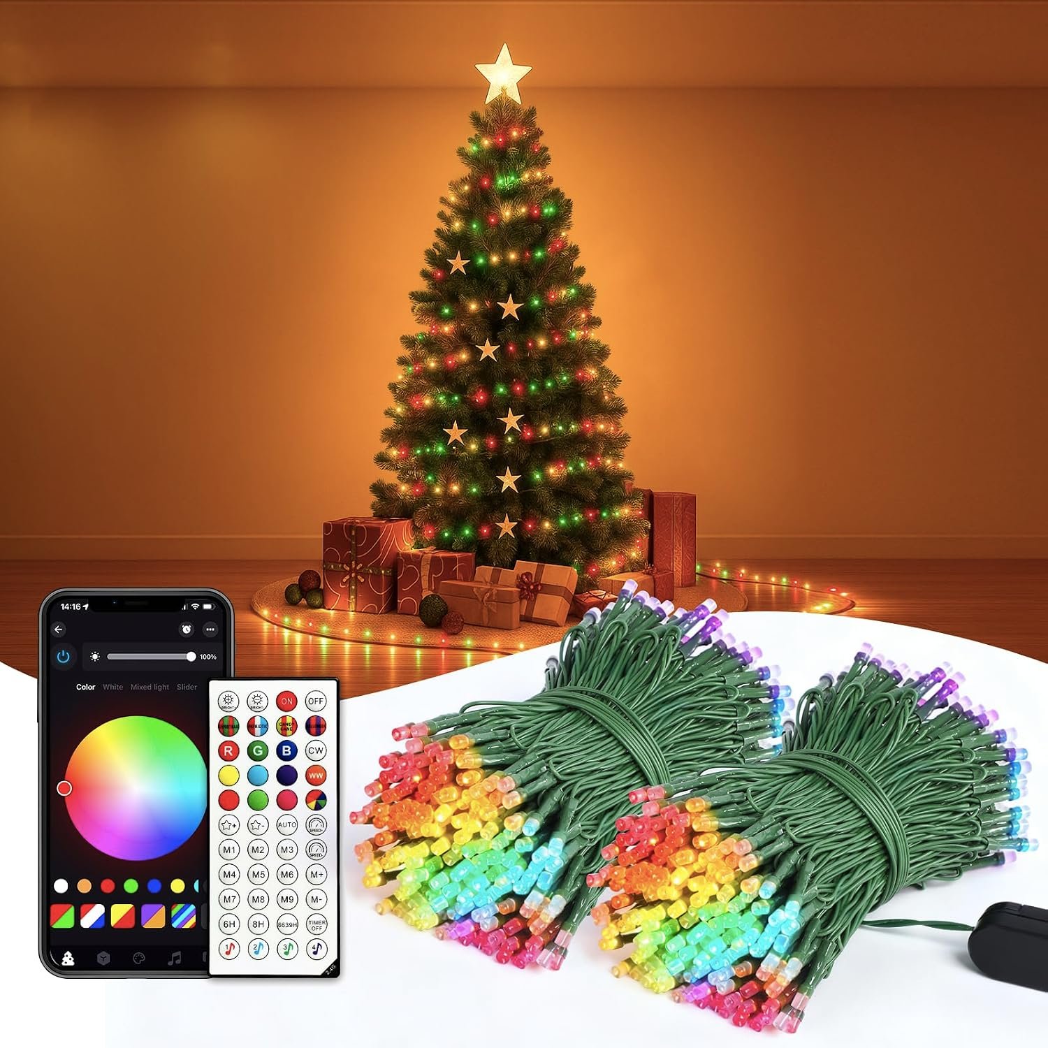 Smart RGB+IC String Lights with 200 LED, Indoor Color Changing Christmas Lights, APP & Remote Control, 84 Scenes, Music Mode, Christmas Tree Decor