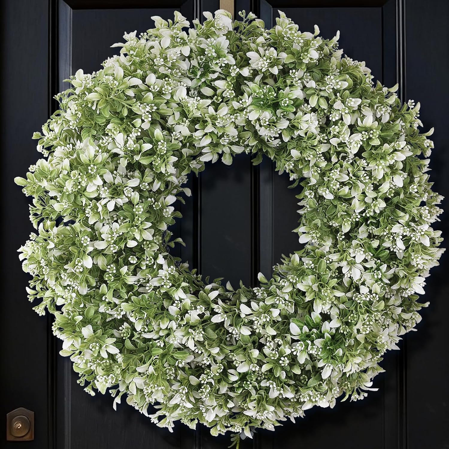 26″ Artificial Boxwood Wreath for Front Door – Large Faux Aglaia Odorata Wreath, Fake Eucalyptus Leaves Plants for Wall Window Farmhouse Outdoor Decor – Spring, Summer, All Seasons (White-Green)