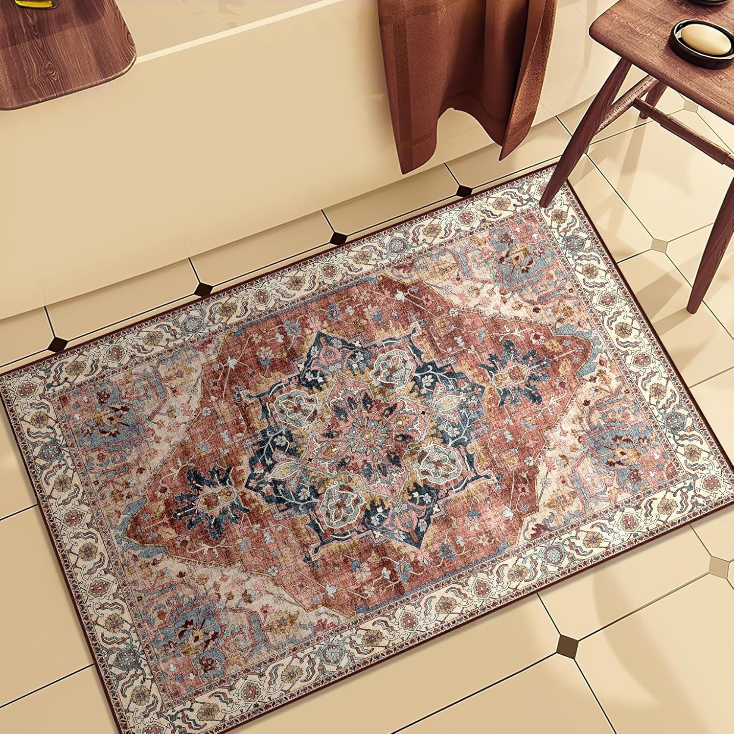 Boho Tribal Area Rug 2×3 Small Entranway Rug Bathroom Doormat Indoor Carpet Farmhouse RugFaux Wool Non-Slip Washable Low-Pile Floor Carpet for Indoor Front Entrance Kitchen Bathroom, Brickred