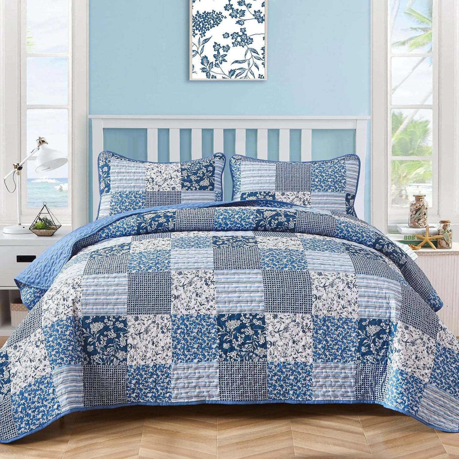 Mybedsoul Blue Boho Quilt Set King Size,3 Pieces Plaid Floral Bedspread Coverlet Set for All Season,Patchwork Reversible Bedding Set King 90″x104″