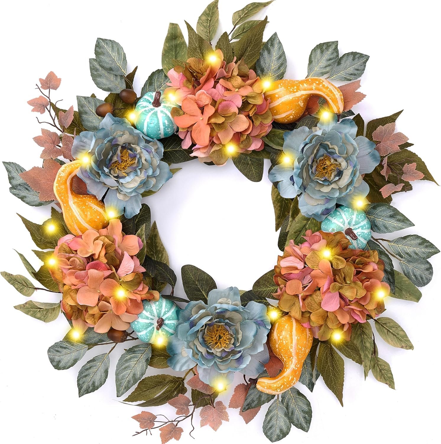 DecorbyHannah Fall Wreath for Front Door, 24 Inch Collapsible Autumn Harvest Pumpkin Door Wreath with Lights, Artificial Blue Peony Hydrangea Maple Leaf Decor for mantle Porch Wall Home Indoor Outdoor