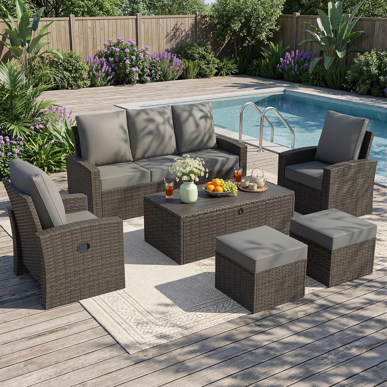 Outdoor Patio Furniture Set-6 All-Weather Wicker Outdoor Furniture with Patio Recliner Chairs Adjustable Back Outdoor Patio Conversation Sets for Garden Porch Deck Grey