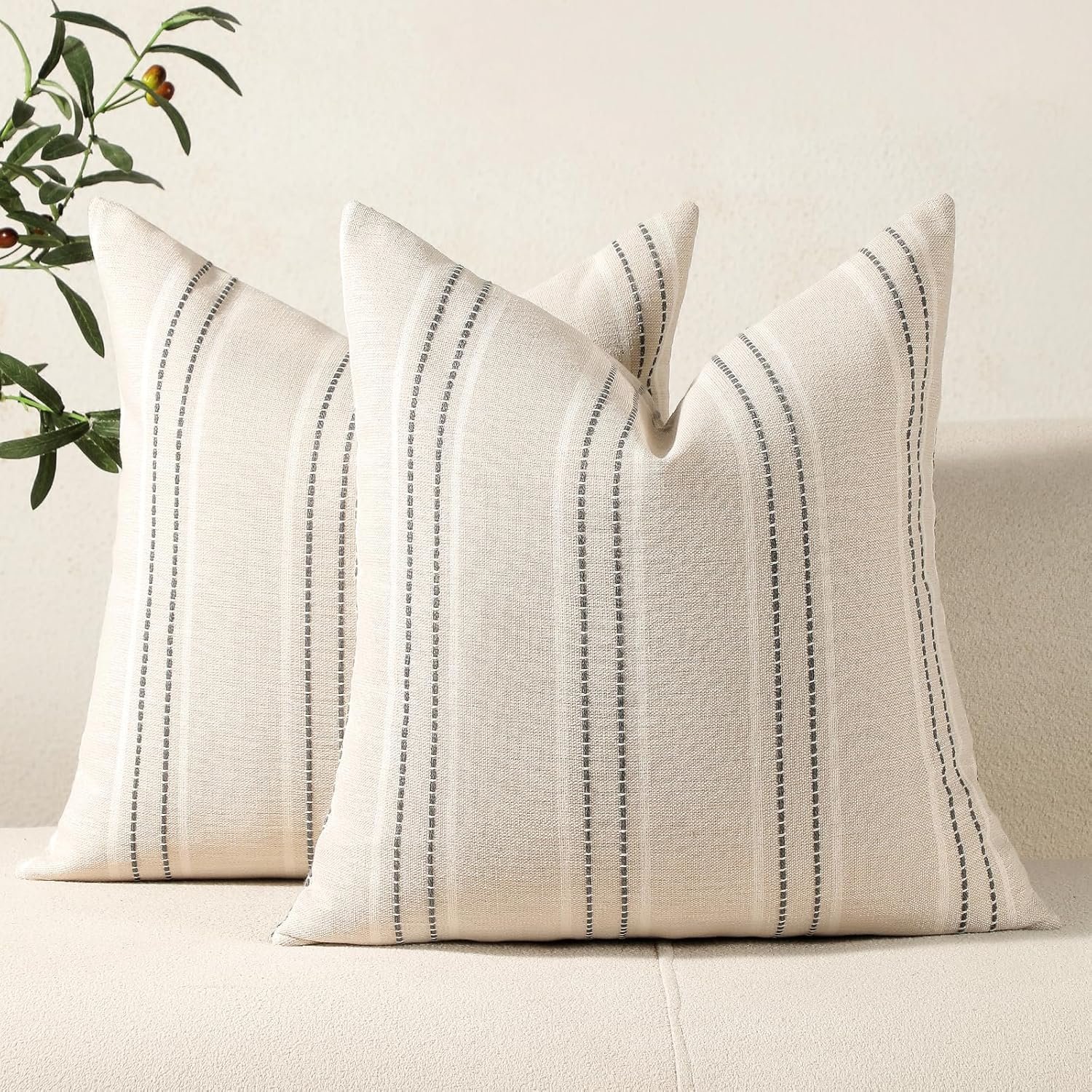 Hckot Throw Pillow Covers 20×20 Set of 2 Striped Pillow Covers Textured Linen Decorative Pillows Square Cushion Covers for Sofa Couch Bed Living Room Farmhouse Decor, Grey