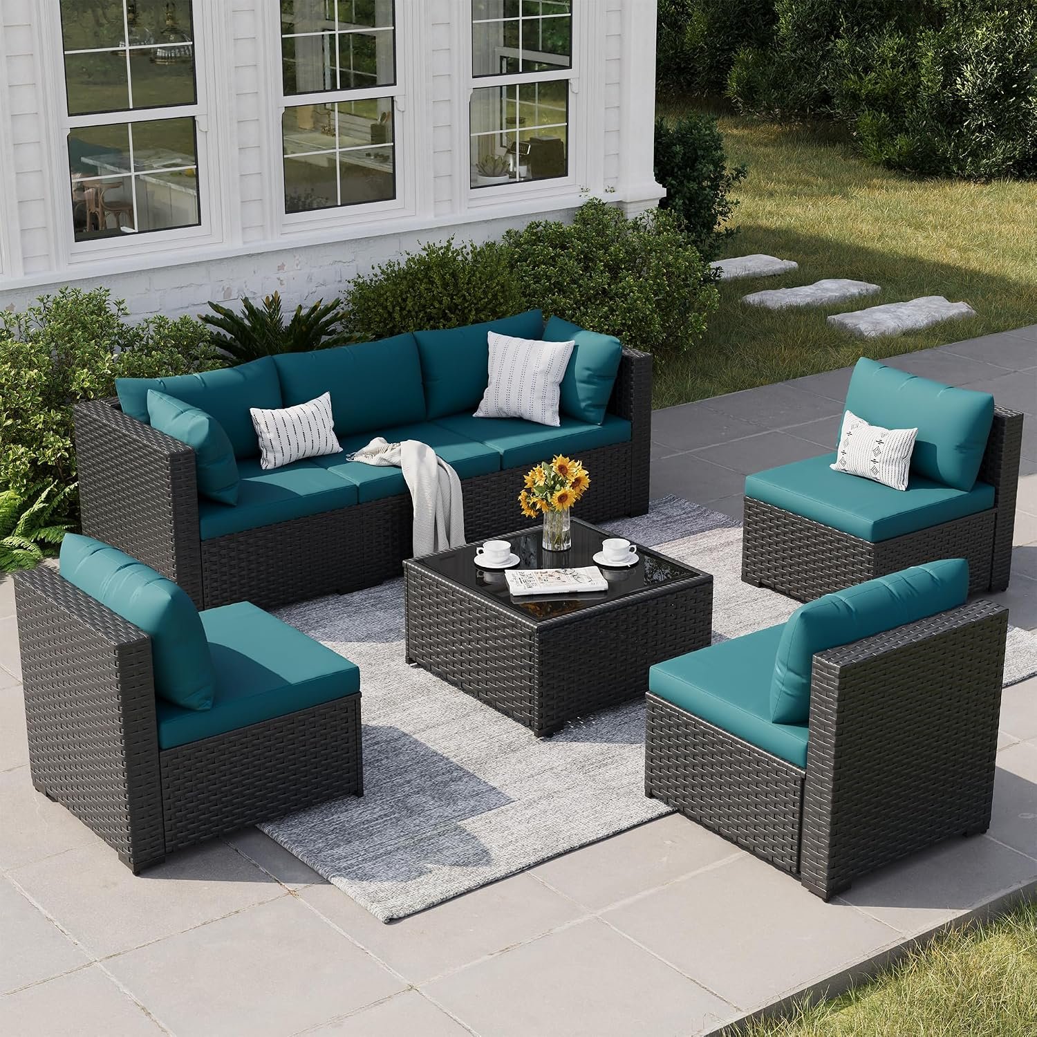 Patio Furniture Set, 7-Piece Outdoor Sectional All-Weather Wicker Patio Conversation Set for Backyard, Garden, Peacock Blue
