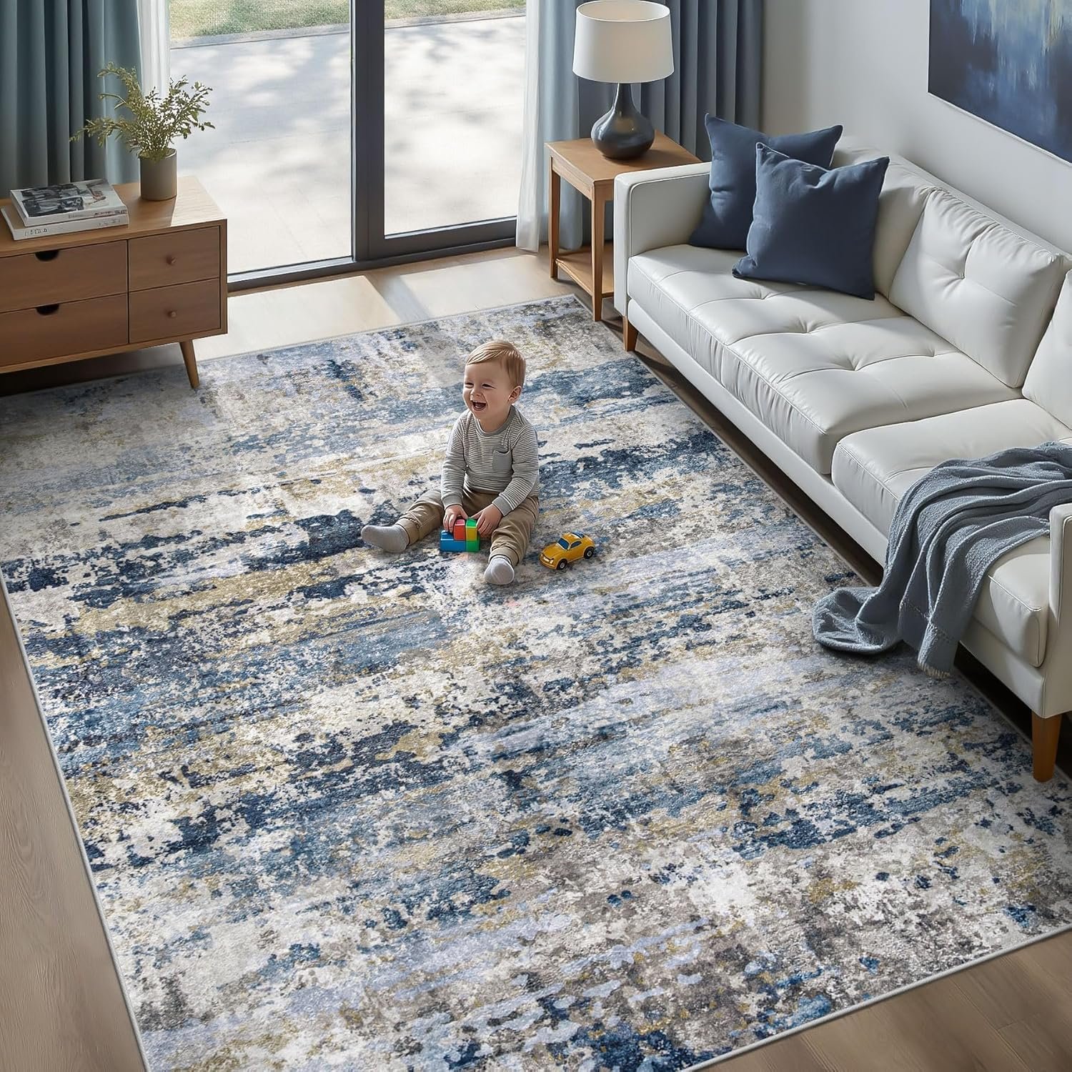 pmtsns Area Rugs 5×7 for Living Room: Washable Rug Modern Abstract Neutral Soft Non-Slip Low-Pile Indoor Carpet for Bedroom Dining Room Playroom Home Office (Blue Grey Brown, 5’x7′)