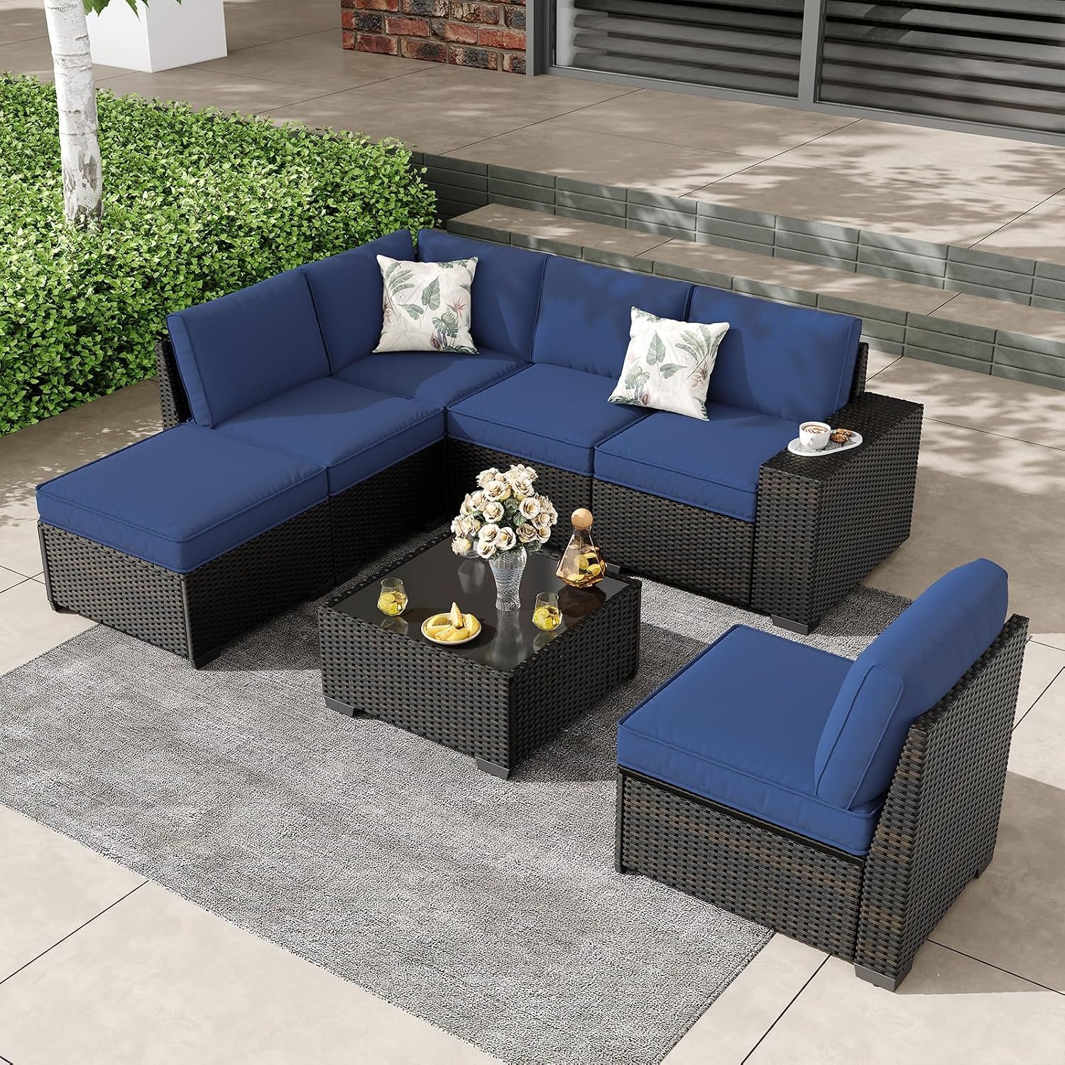 7 Pieces Outdoor Patio Furniture Set, Wicker Conversation Sets with Tea Table, Rattan Patio Sofa with Thick Cushions for Garden, Backyard Porch, Poolside,Navy
