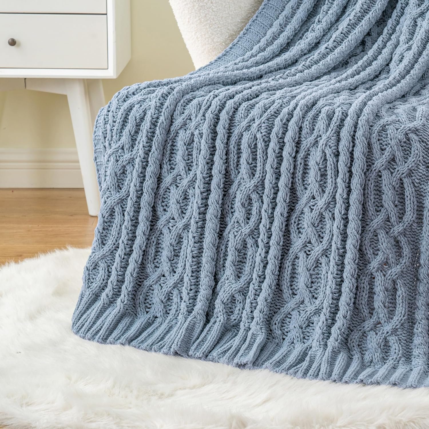 Battilo Bluish Grey Throw Blanket for Couch,51″x67″, Super Soft Warm Cozy Chenille Knit Blankets for Bed, Sofa, Chair, Gift, Texture Decorative Boho Blanket for Living Room (Dusty Blue)