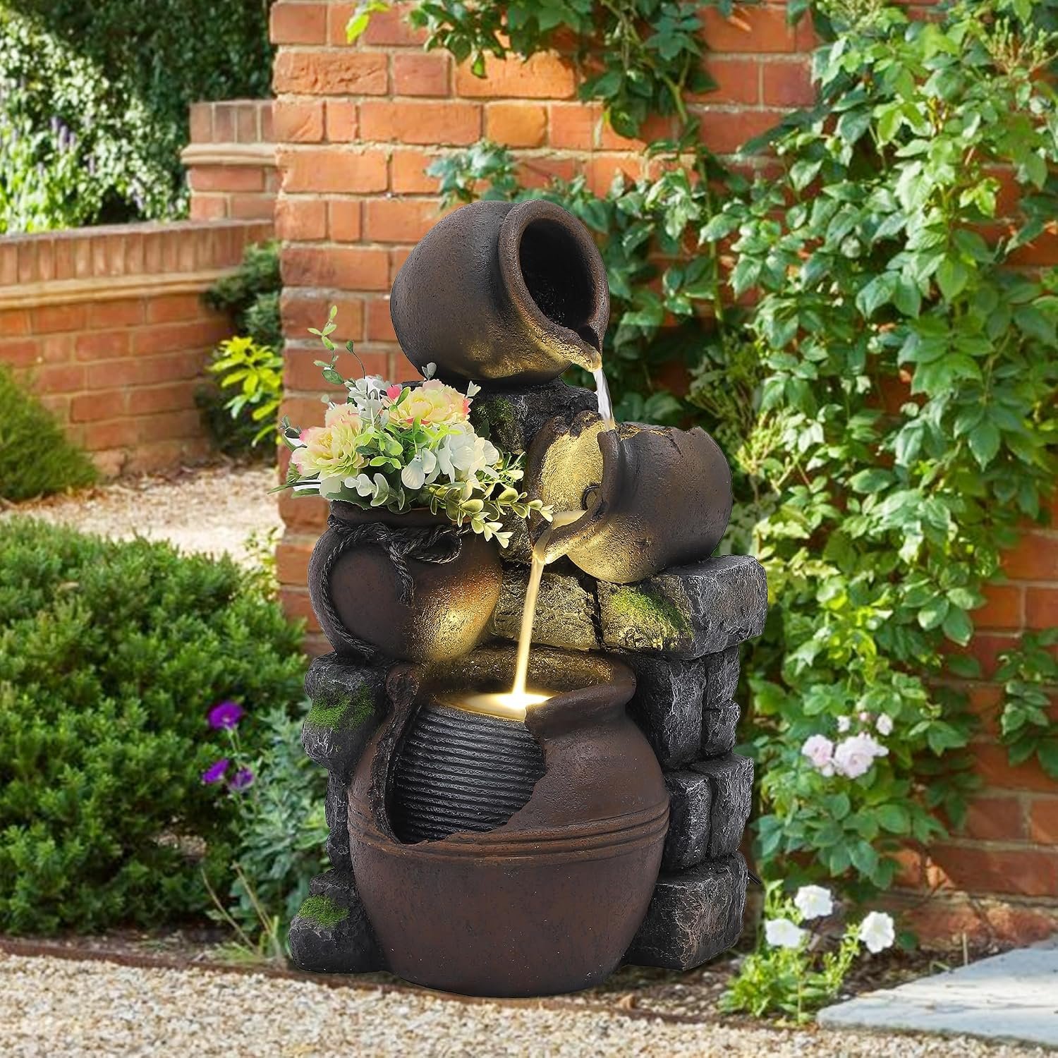 TITIMO Outdoor Water Fountain with Flower Pot and Lights – Cascading Pitchers Farmhouse Fountains and Waterfalls, Garden Fountain Patio Decor, Waterfall Fountains Indoor and Outdoor