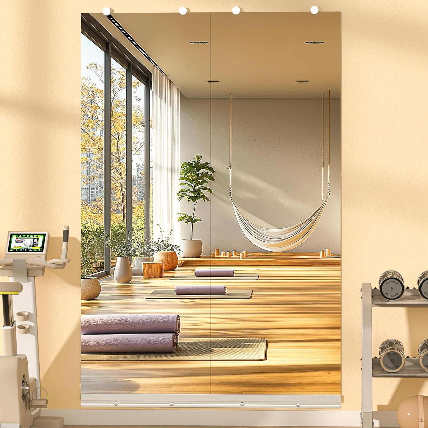 Hasipu Home Gym Mirror, 55″x17″ Each, 2-Pack Frameless Wall Mounted Mirrors with Glass Clamps & 1 Aluminum Rail, Large Body Mirror for Home Gym, Yoga Studio, Bedroom, Silver Tempered Glass