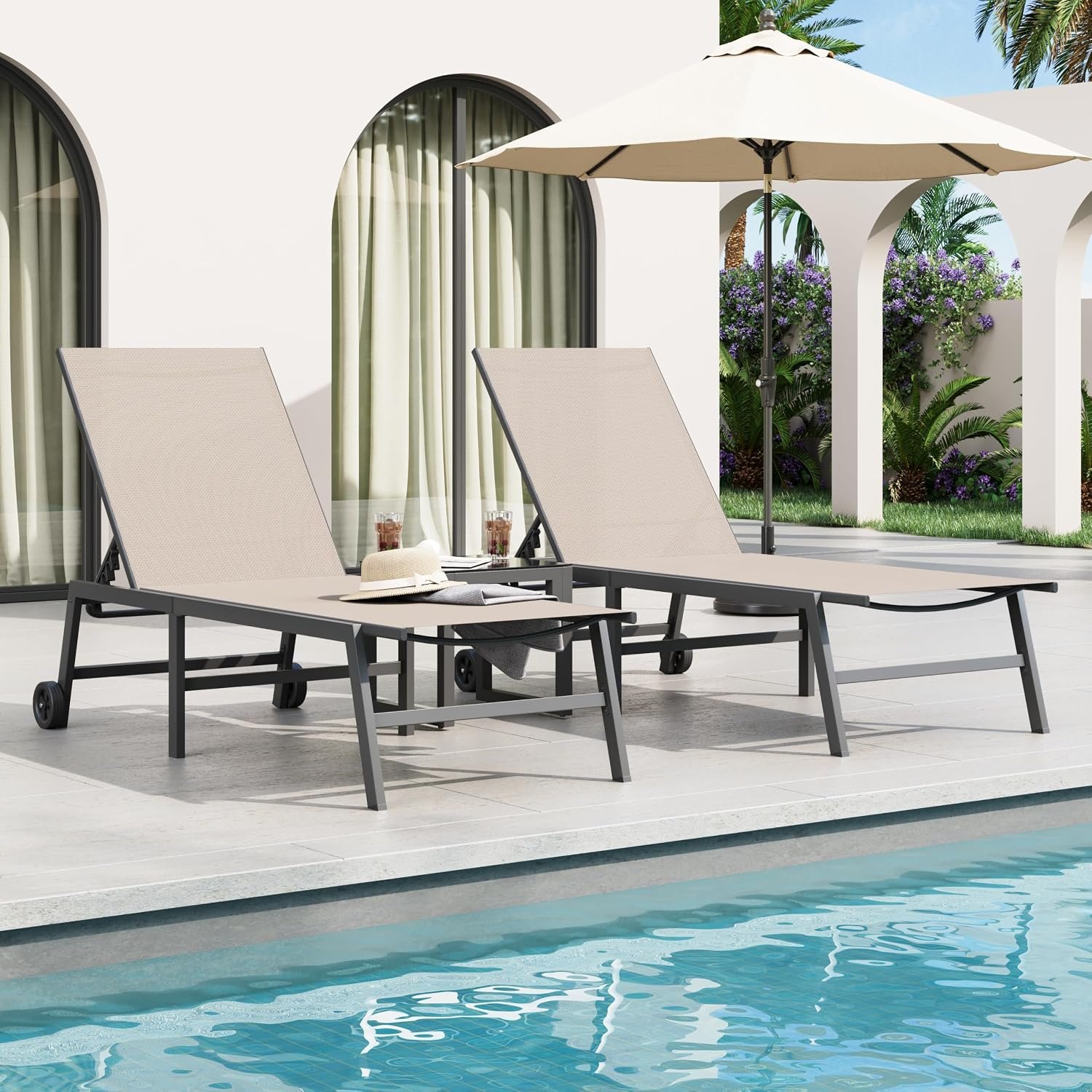 Amopatio Removable Patio Lounge Chair Set of 3 with Wheels Adjustable Patio Chaise Lounge Set of 2 with 1 Side Table for Poolside Weather Resistant Outdoor Lounge Chairs for Pool,Khaki