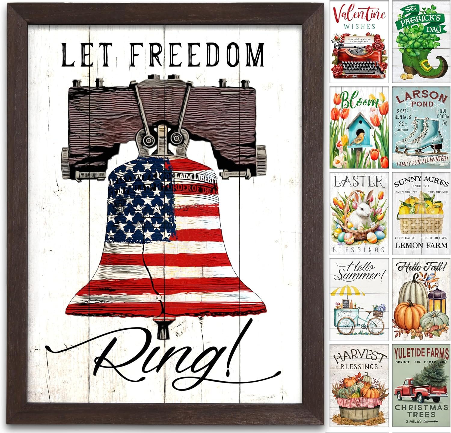 Farmhouse Wall Decor for your Home – 12×16 Rustic Wood Frame with 14 Interchangeable Sayings for the 4 Seasons, Christmas, Easter, Thanksgiving & July 4