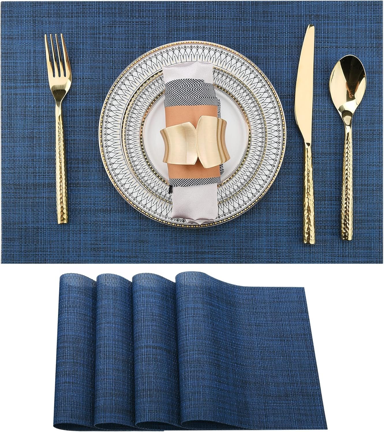 SLKQG Navy Blue Placemats Set of 4 – Easy Clean Washable Vinyl Placemats – Wipeable Heat Resistant Table Mats for Dining Table – 17×12 Inch (Navy Blue, 4)