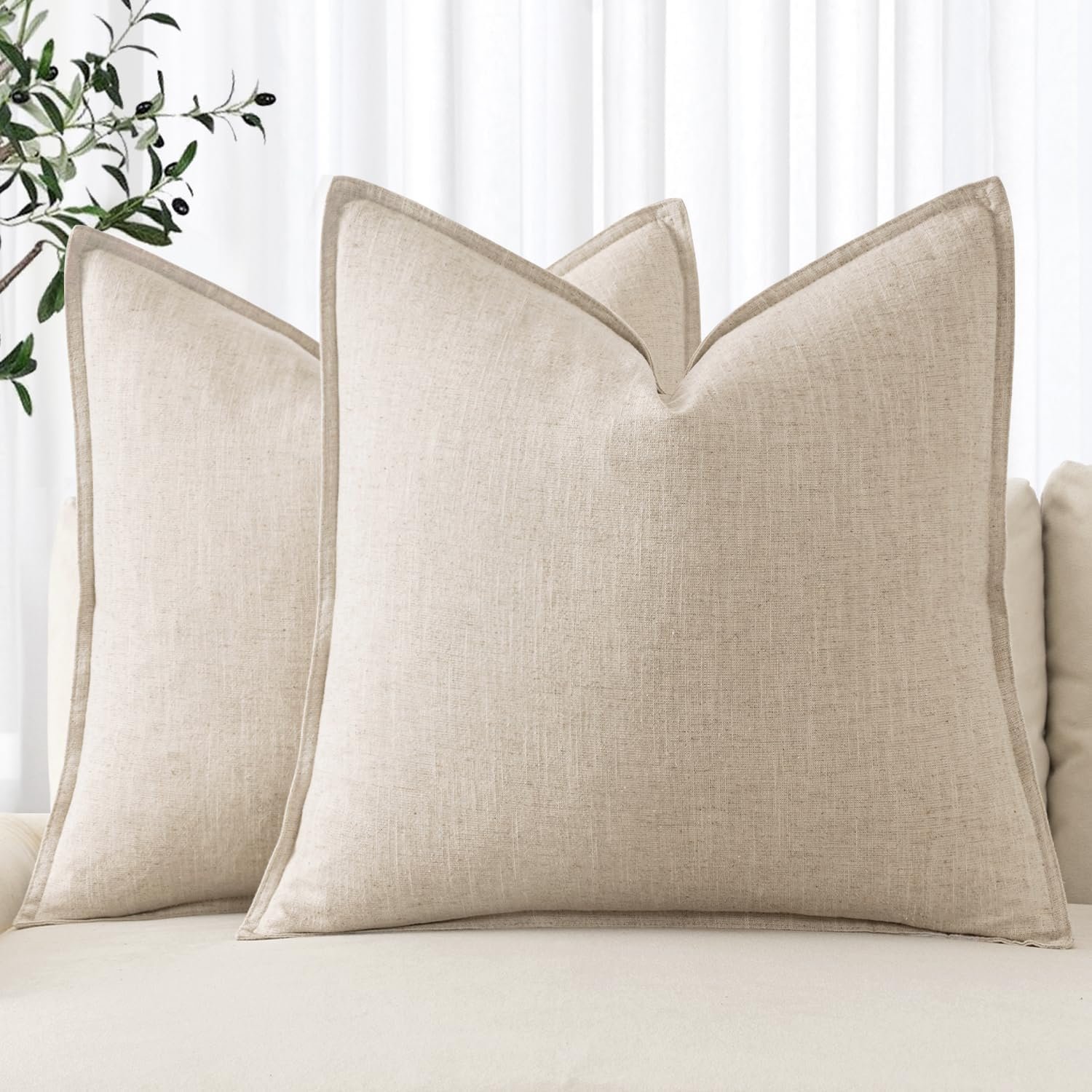 MIULEE Decorative Linen Pillow Covers 20×20 Inch Natural Beige Boho Farmhouse Neutral Couch Throw Pillows for Bed Pack of 2 Accent Modern Pillowcase Sofa Livingroom Home Decor