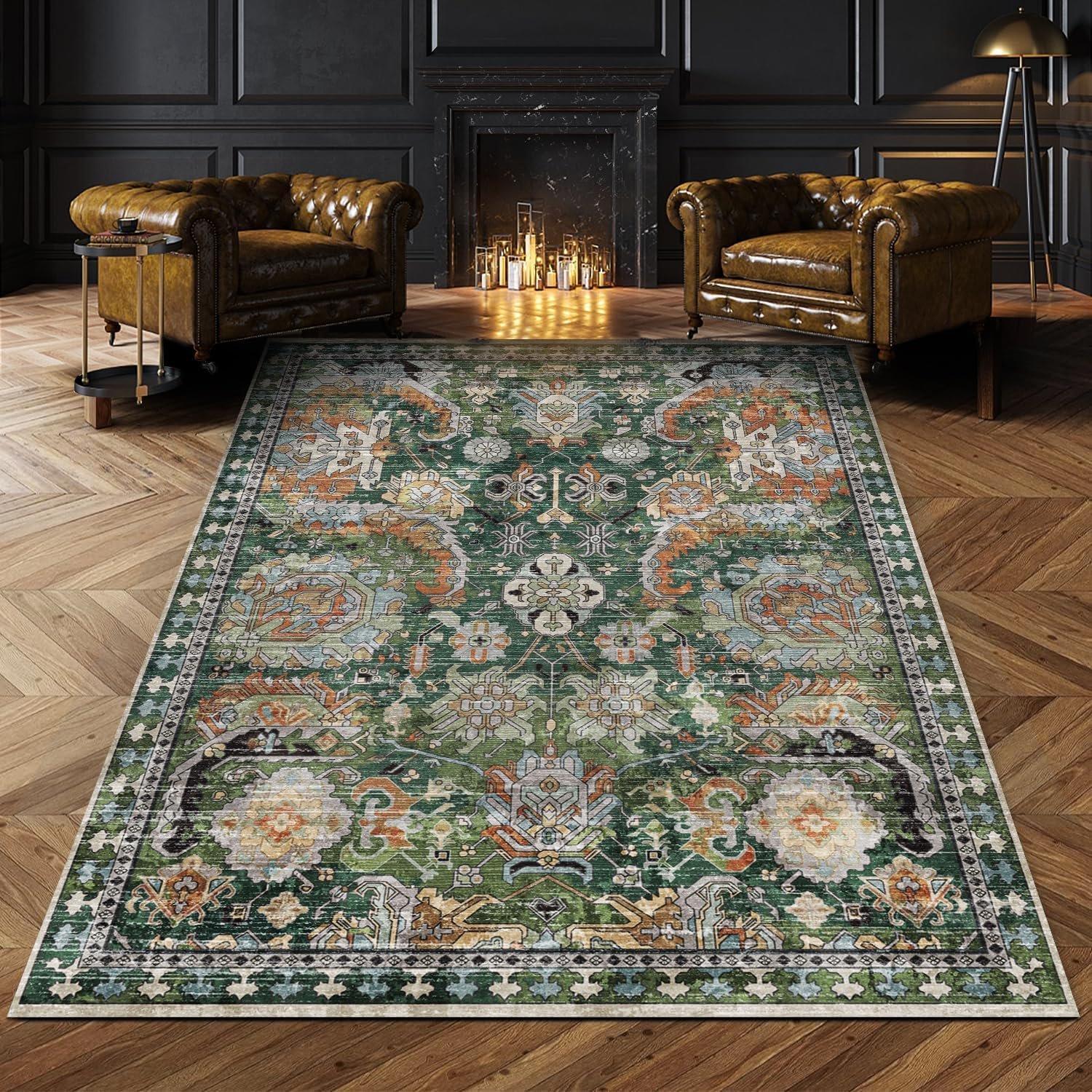 RUGSURE Washable Area Rugs – Perfect for Living Room, Bedroom, Kids Room, Nursery – Stain & Water Resistant Non-Slip, Pet & Child Friendly, Vintage Tribal Area Rugs (Green, 5′ x 7′)