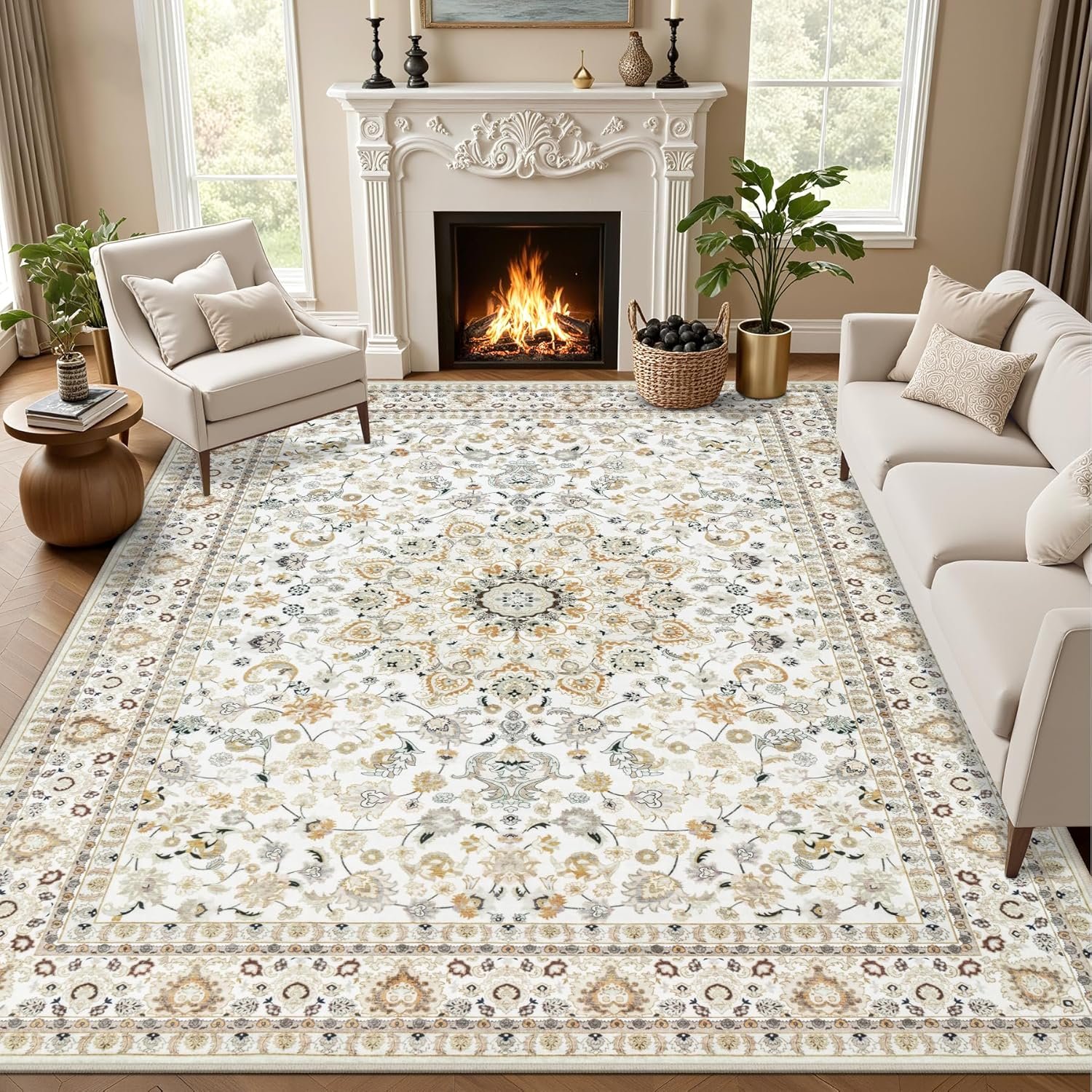 Area Rugs 9×12 Living Room Rug: Washable Rug Soft Vintage Boho Carpet Indoor Floor Non-Slip Stain Resistant Large Carpets for Bedroom Dining Room Farmhouse Nursery Home Office Beige
