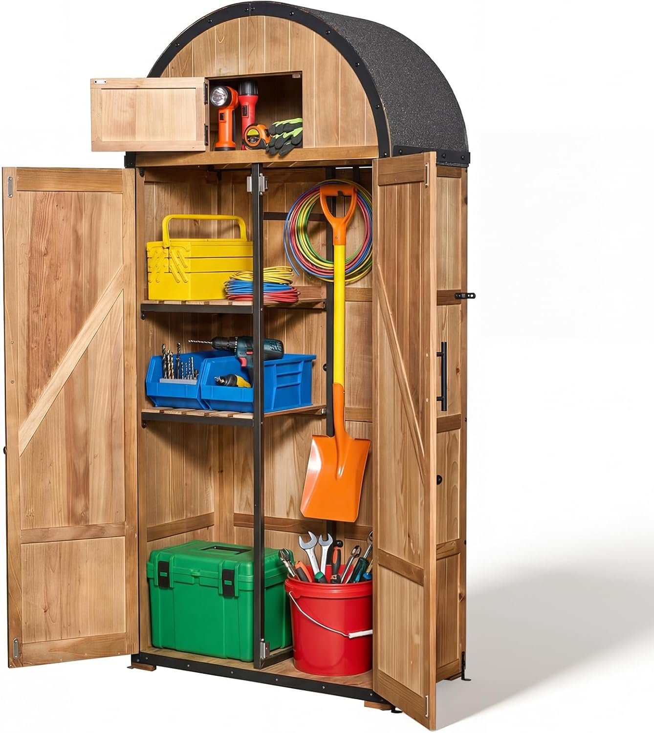 NORTHSKY All-in-One Shed Outdoor Storage, Waterproof Lockable Vertical Garden Shed, Solid Wood Shed Storage Cabinet with Metal Frame & Domed Roof for Patio Backyard Garden Lawn Tool Equipment