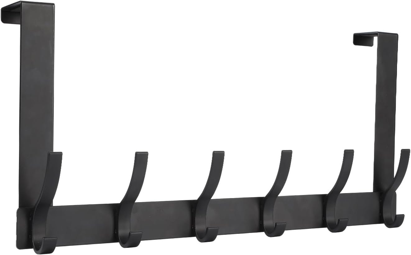 Optish Over The Door Hooks, Door Hanger Hooks for Hanging, Towel Racks for Bathroom with 12 Coat Hook, Coat Rack College Dorm Essentials Bathroom Accessories（1 Pack, Black）