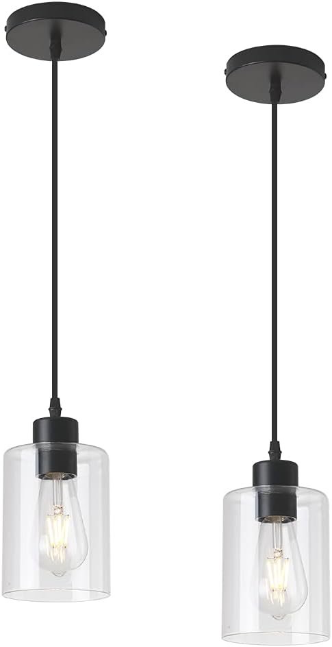 Modern Black Farmhouse Clear Glass Cylinder Pendant Light Fixture,Island Lights for Kitchen,Mini Pendant Lighting for Kitchen Island Decor – 4.75 Inch Shade 58 Inch Cord (Black 2 Pack)