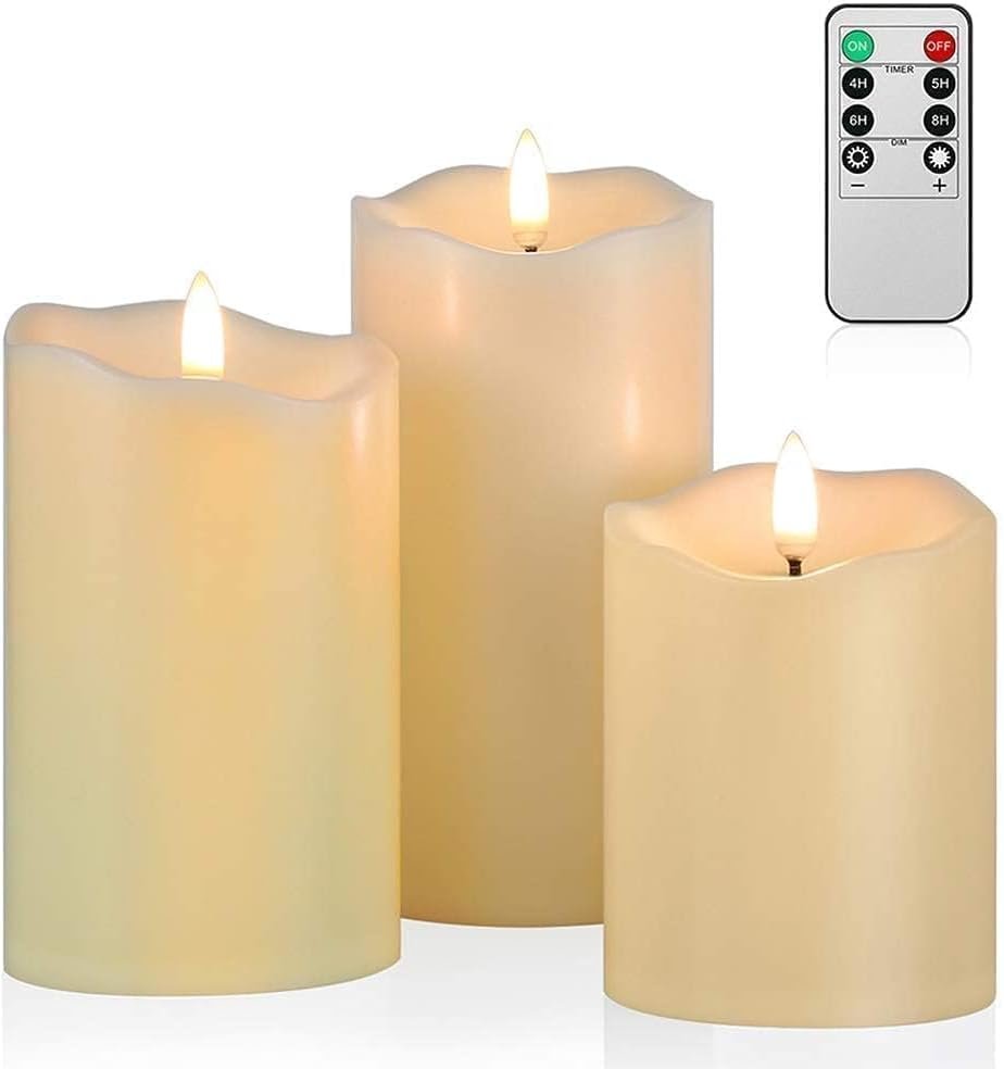 ANGELLOONG Flickering Flameless Candles, Realistic Battery Operated Candles with Remote and Timer, Set of 3 LED Candles for Fall Room Home Wedding Decor Centerpieces Table Party Christmas Decorations