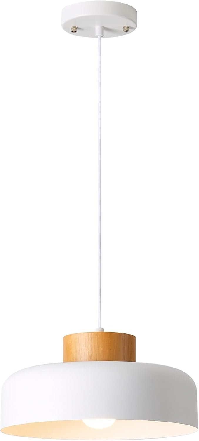 Modern Pendant Light with Real Wood Cap – 12.6” White Hanging Light Fixture for Kitchen Island, Dining Room Table – Adjustable Height Ceiling Light with E26 Socket – Scandinavian Style
