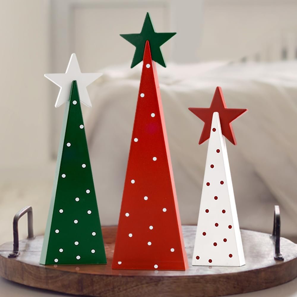 Christmas Decorations Indoor, Christmas Decor – 3 PCS Wooden Xmas Tree Signs with Stars for Home, Table, Fireplace Mantel, Shelf, Office Desk, Party Decor – Xmas Holiday Decorations