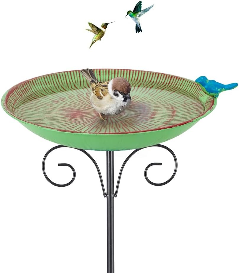 Metal Bird Bath for Outdoor,10″ Wide Birdfeeder with Metal Stake | Vintage Bird Baths Feeder Bowl for Outdoors Garden Patio Yard Lawn Decor (Green)