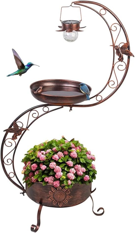 VEWOGARDEN S Bird Baths for Outdoors Metal Standing Bird Bath with Solar Lamp Vintage Garden Birdbaths with Flower Planter Pedestal(36″ H * 19.6″ W)