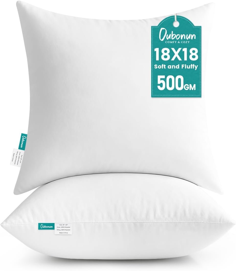 Oubonun 18 x 18 Throw Pillow Inserts – Soft, Plush & Decorative Down Alternative Pillows for Couch Sofa Bed, Machine Washable – White, Pack of 2