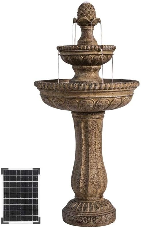 XBrand 39″ Solar Water Fountain, Sand Stone Resin | 2-Tier, Outdoor