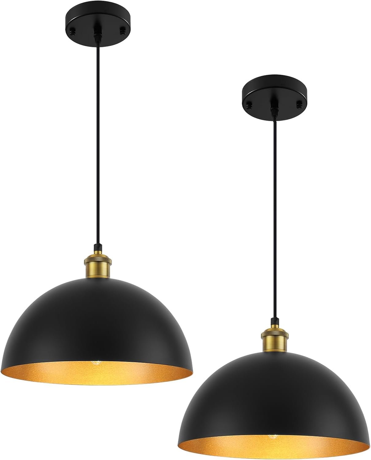 Pendant Lights for Kitchen Island, 11.8″ Black and Gold Farmhouse Pendant Light, Dome Pendant Light Fixtures for Dining Room, Living Room, Bedroom, Cafe, Bar, 2 Pack