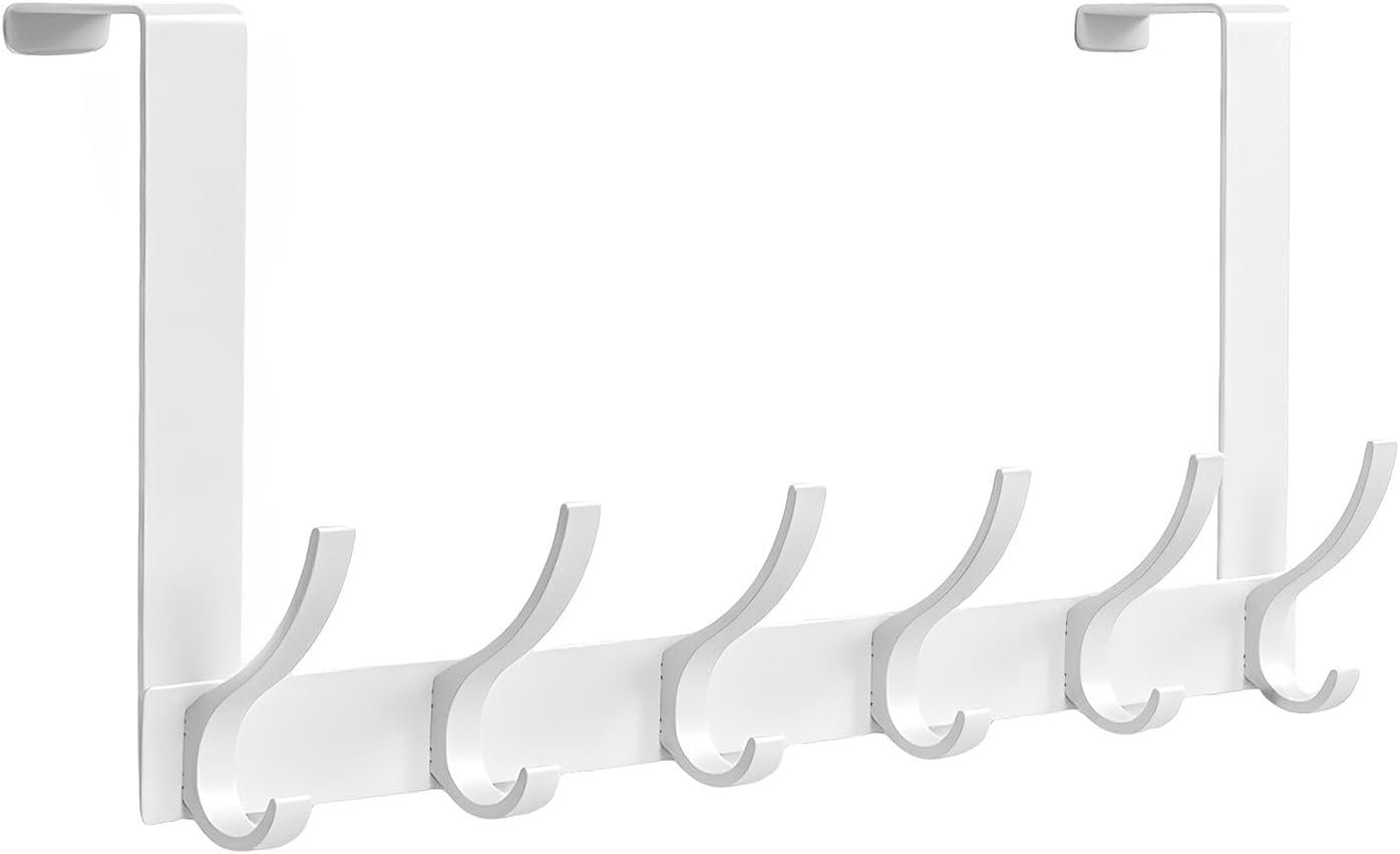 Peasulin Over The Door Hooks, 1 Pack White Door Hanger Rack for 1-3/4″ Doors, 7.4″ Arms, 6 Double Hooks with 12 Hanging Points, 4 Pads, Towel Rack for Bathroom, Bedroom, Closet, Dorm