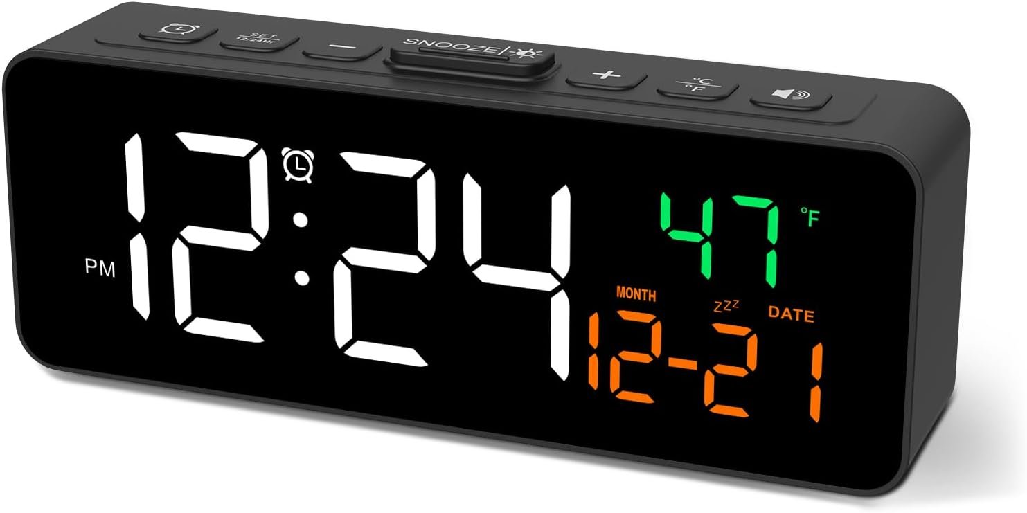 Netzu 3-in-1 Digital Clocks for Living Room with Temperature, Date & Time Display – 4 Levels Birghtness, 3 Volumes, Small & Compact Plug-in Alarm Clock for Bedroom, Office (Black)