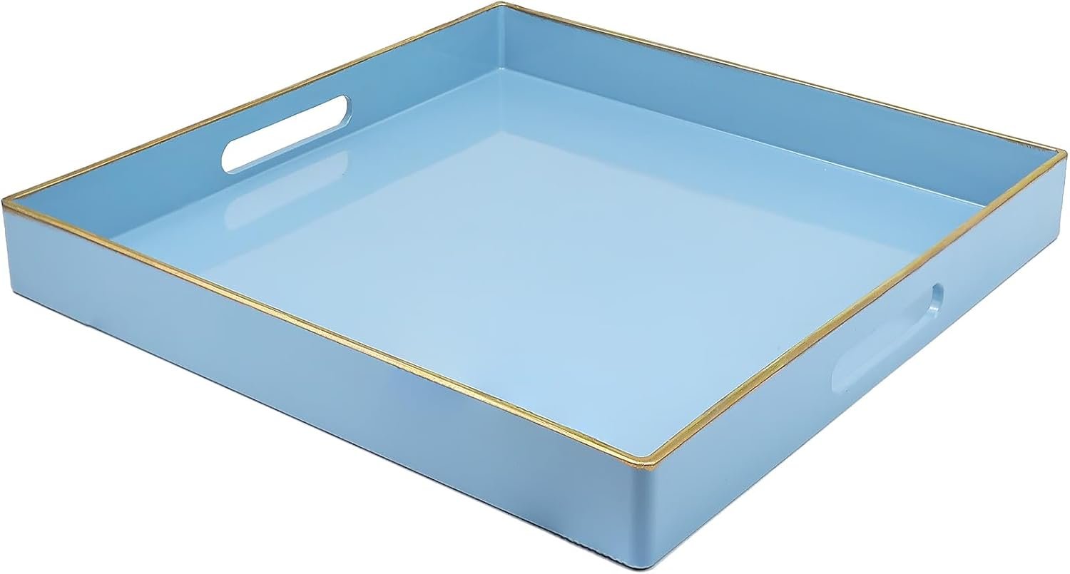 Spsyrine Light Blue Decorative Tray for Living Room, Square Modern Plastic Coffee Serving Table Tray for Ottoman Bathroom Kitchen, 13″*13″.