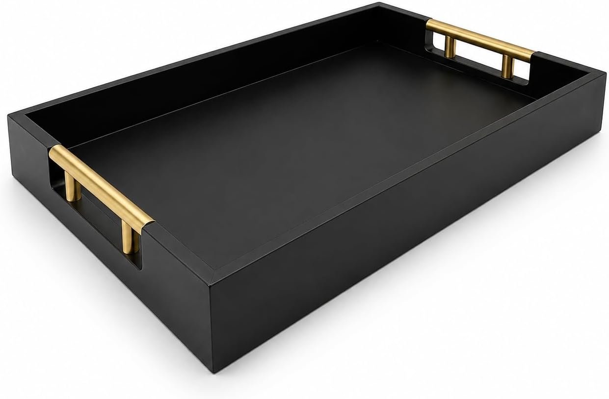 Luxury Black Ottoman Tray with Gold Handles – 12×17 Large Decorative Serving Tray for Coffee Table, Couch, Breakfast in Bed & Home Décor – Modern Wood Display Tray