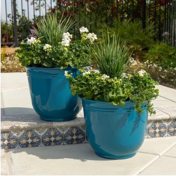 18” Resin Plant Pots Set of 2 – Large Indoor Outdoor Plant Pots with Drainage Holes, Lightweight Frost & Fade Resistant, Decorative Ceramic Look Garden Planters (Teal)