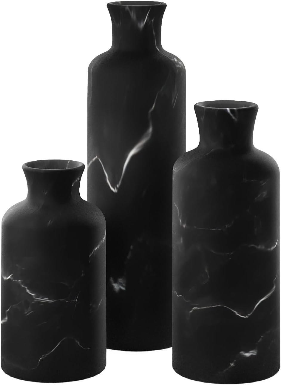 Creative Scents Black Marble Look 3pc Vase Set – Boho Vases for Decor, Modern Vases for Holding Pampas Grass, Dried/Fresh Flowers, Vases for Living Room – Kitchen, Bedroom, Office, Shelf Decor