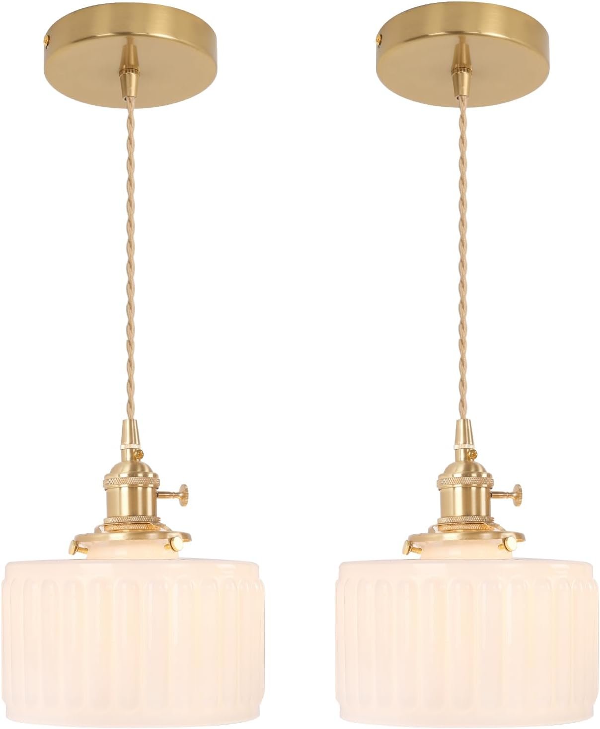 Shenmoyl Pendant Light 2 Pack with White Striped Glass Lmapshade, Brass Vintage Pendant Light Adjustable Hanging Light for Kitchen Island Dining Room Hallway
