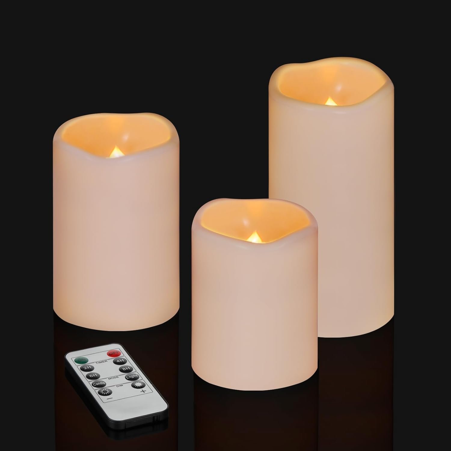 Flameless Candles 4″ 5″ 6″ Outdoor Indoor Pillars Battery Operated Flickering Candles Include 10-Key Remote Timer 400+ Hours by 2 AA Batteries (Ivory Candle – Warm light, 3″D x 4″|5″|6″ H – 3 Pack)