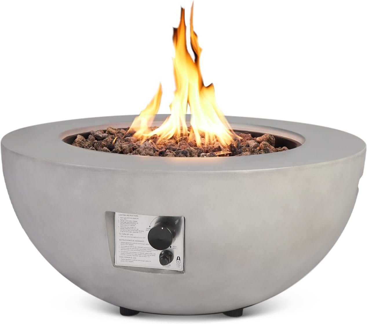 31.5 Inch Round Propane Fire Pit Table – Concrete Round Fire Bowl 50,000 BTU Natural Gas Firepit Burner with Steel Lid, Lava Rocks, Waterproof Cover for Outside Patio, Backyard, Party