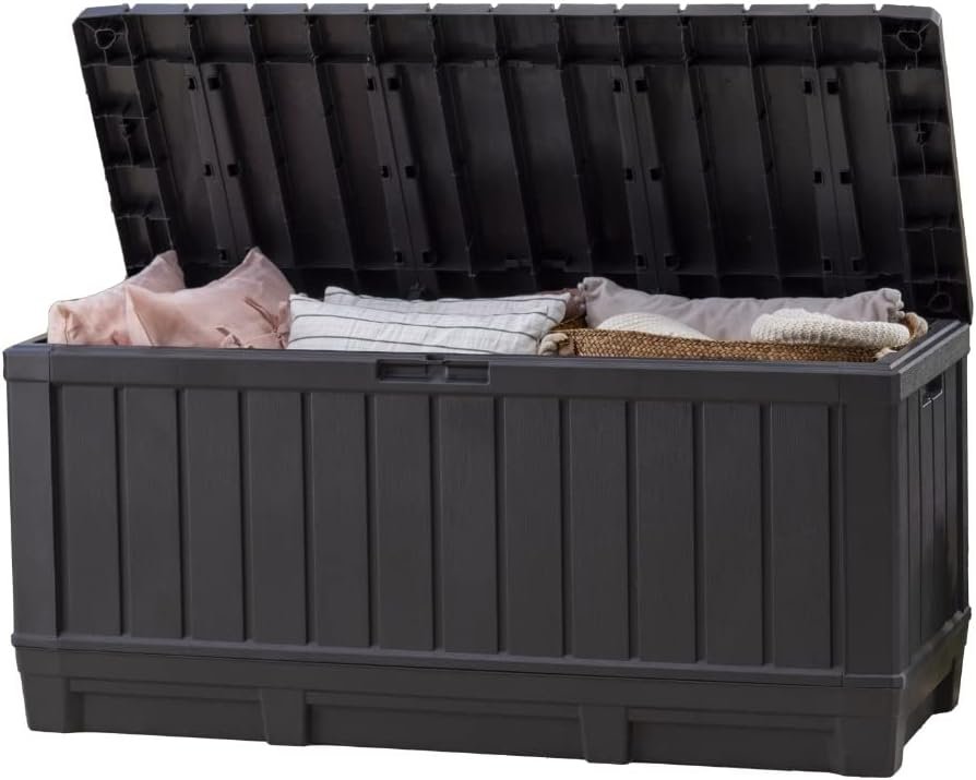 Keter Kentwood 92 Gallon Resin Deck Box-Organization and Storage for Patio Furniture Outdoor Cushions, Throw Pillows, Garden Tools and Pool Floats, Dark Grey