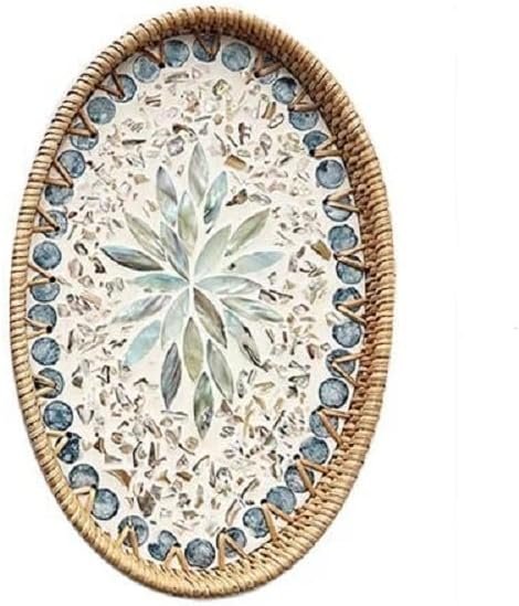 13 Inch Decor Tray for Coffee Table Mother of Pearl Inlay Serving Tray for Ottoman Wicker Centerpiece Decorative Tray for Candle Holder, Flower, Fruit, Bread (Medium)