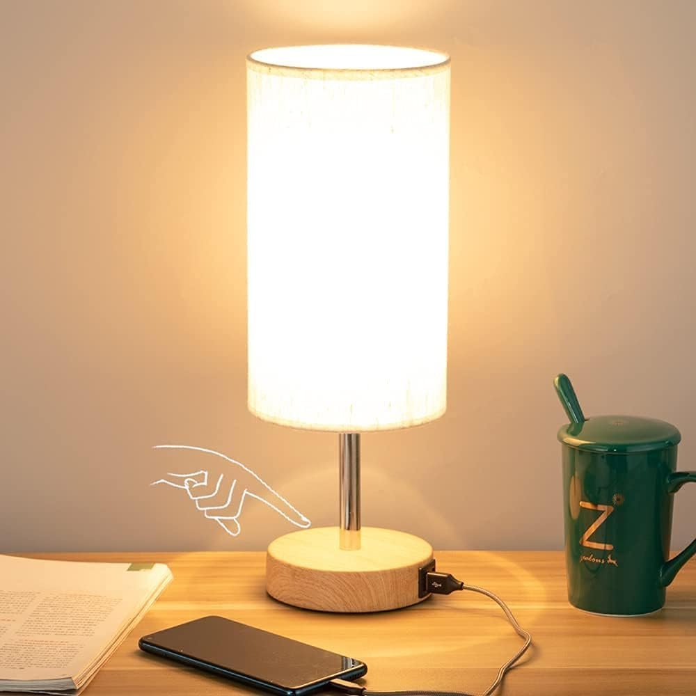 Yarra-Decor Bedside Table Lamp with USB Ports – Touch Control for Bedroom 3 Way Dimmable Nightstand Lamp with Round Fabric Shade for Living Room, Dorm, Home Office, Corded Electric, Without Battery