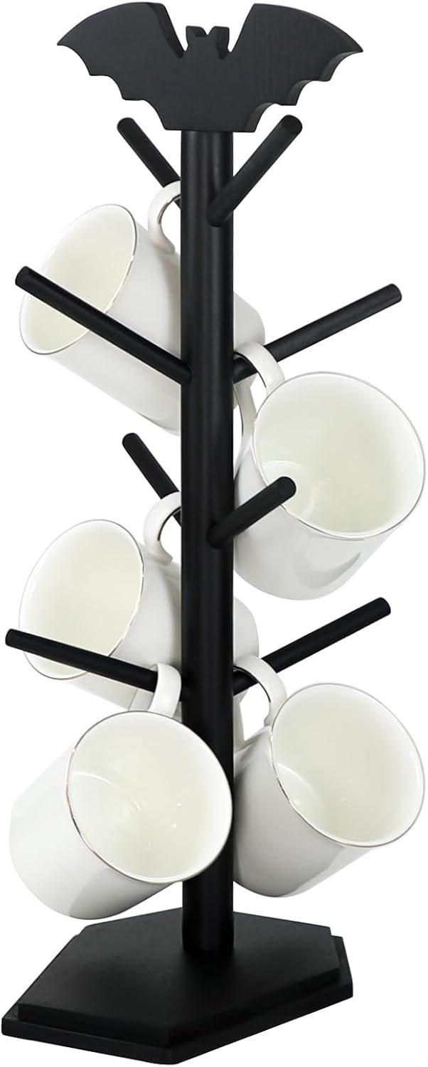 Bat Mug Holder Tree – 8 Hooks Rack for Gothic Home Decor – Wood Mug Tree for Countertop – Cup Holder for Halloween Kitchen Organizer & Coffee Bar Accessories