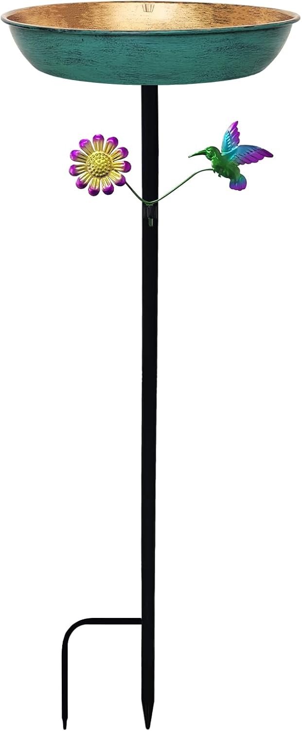 Freestanding Outdoor Bird Bath – 11 Inch Green & Bronze Birdbath Bowl & Feeder with Metal Stake 0.5 Gallon Garden Yard Patio Lawn Decor