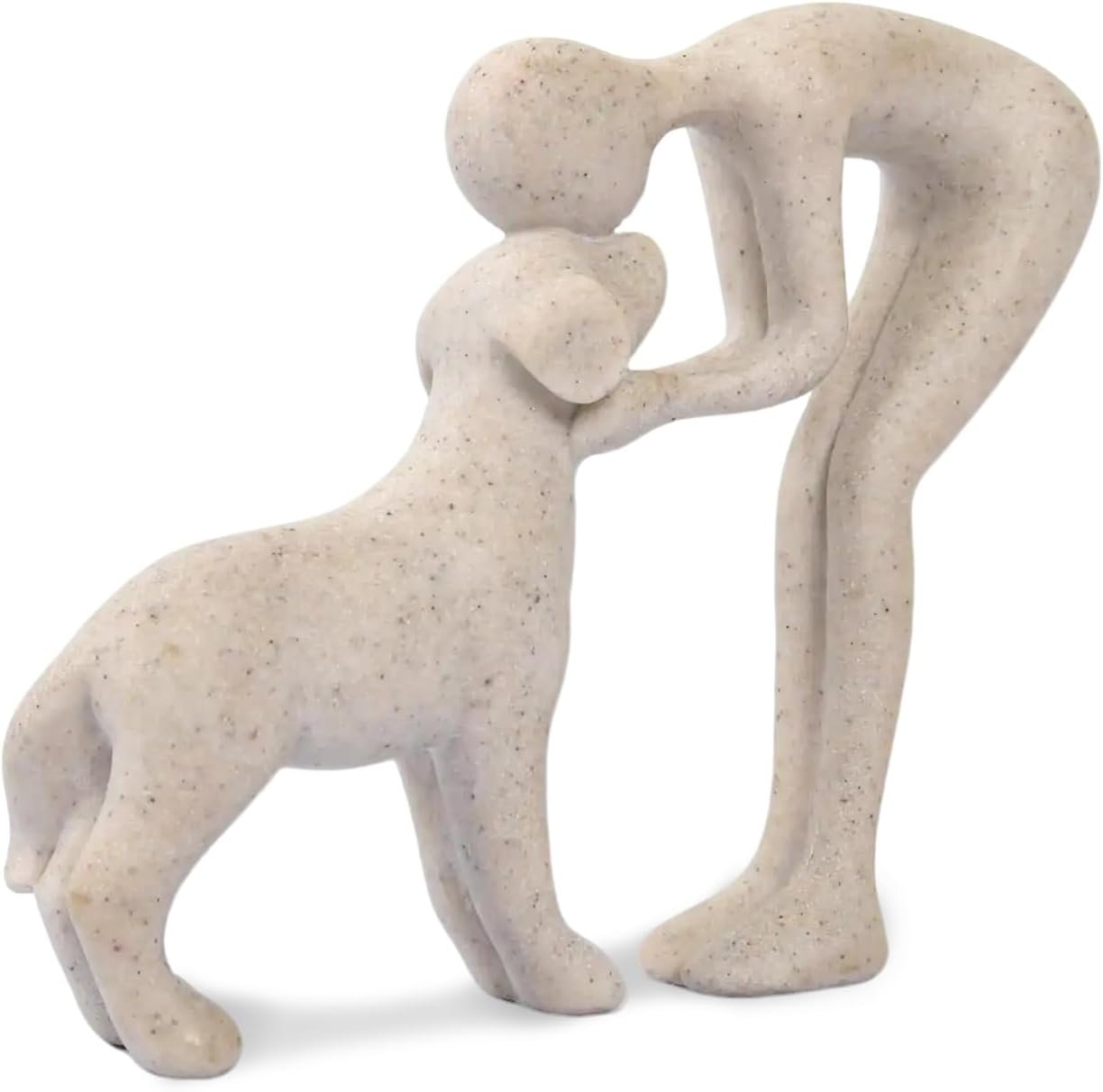 Abstract Person and Dog Head-to-Head Figurine Sandstone | abstract sculpture celebrating the bond between person and pet. Intimate head-to-head Touching memory keepsake for dog lovers