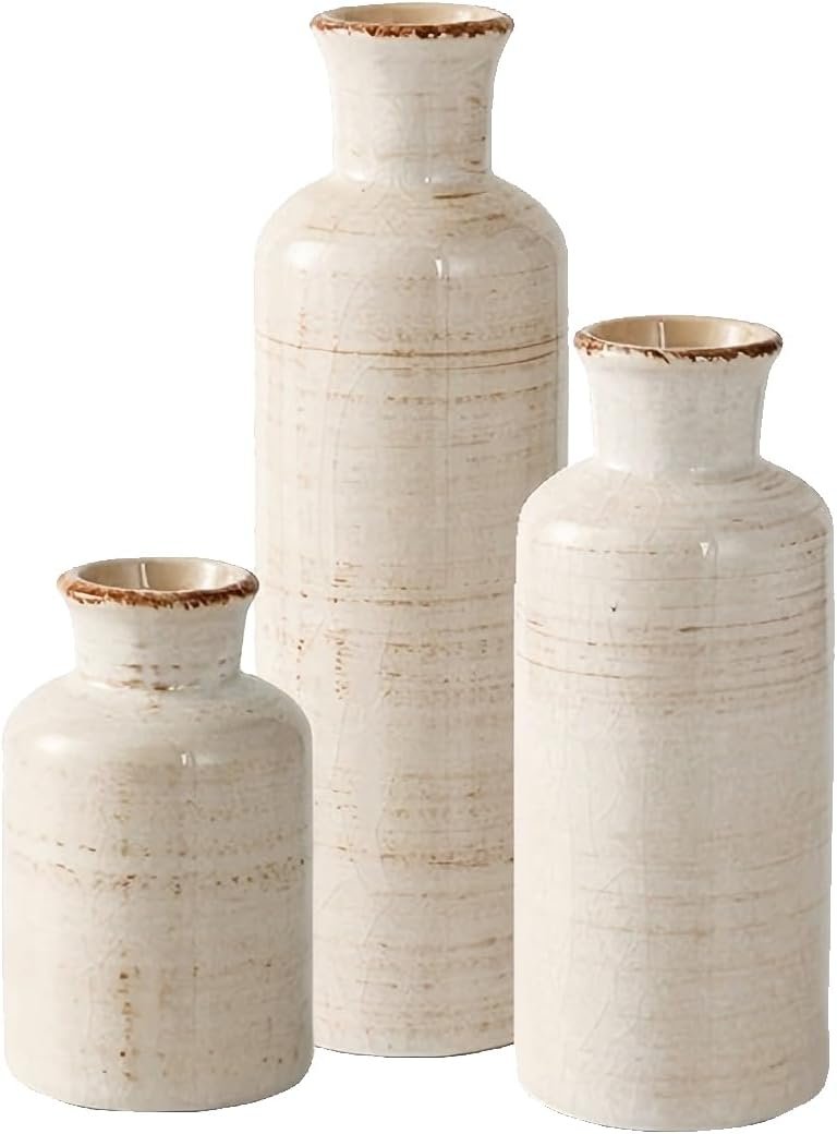Ceramic Vintage Vase Set of 3,Modern Farmhouse flowder vases for Home Decor,Mantle,Living Room,Centerpieces,Entryway, Bookshelf